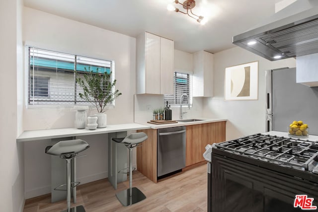 kitchen featuring appliances with stainless steel finishes, a kitchen bar, sink, light hardwood / wood-style flooring, and range hood