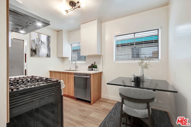 kitchen with extractor fan, appliances with stainless steel finishes, sink, and light hardwood / wood-style floors