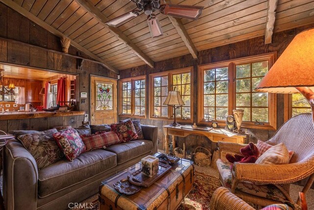 living room featuring ceiling fan, vaulted ceiling with beams, wood ceiling, and wooden walls