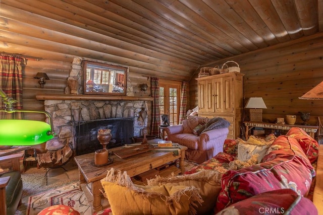 living room featuring wooden ceiling, vaulted ceiling, a fireplace, and log walls