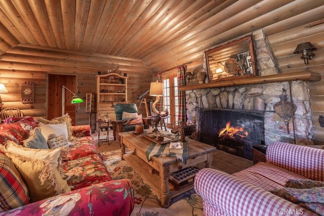 living room featuring a stone fireplace, lofted ceiling, log walls, and wood ceiling