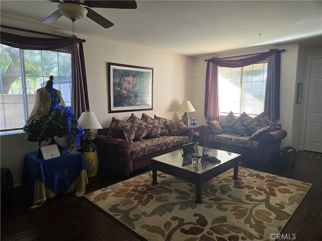 living room with ceiling fan and hardwood / wood-style floors