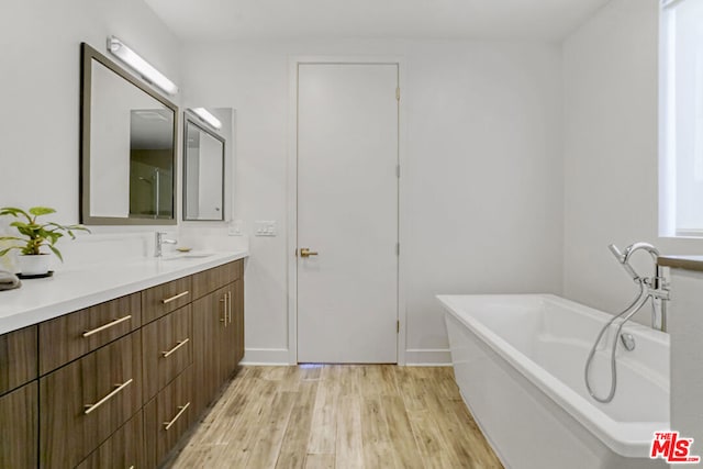 bathroom with vanity, hardwood / wood-style flooring, and a tub