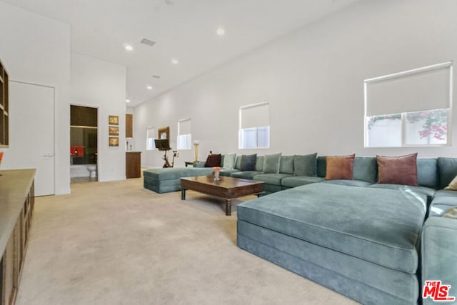 carpeted living room featuring a towering ceiling and a healthy amount of sunlight