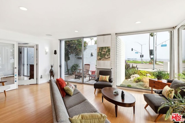 living room with floor to ceiling windows and light hardwood / wood-style floors