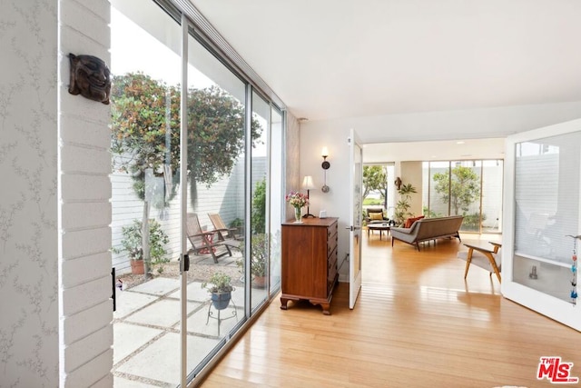 entryway featuring light wood-type flooring and a wall of windows