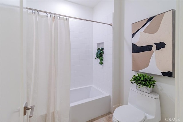 bathroom featuring toilet and shower / bathtub combination with curtain