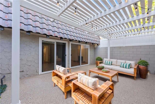 view of patio / terrace with an outdoor living space and a pergola