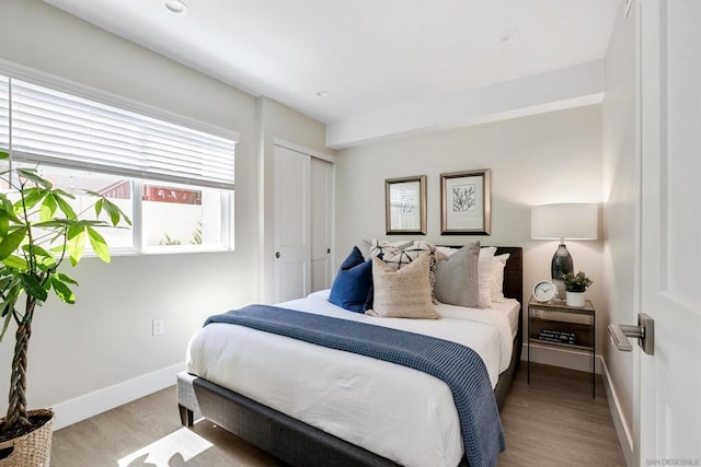 bedroom featuring hardwood / wood-style flooring and a closet