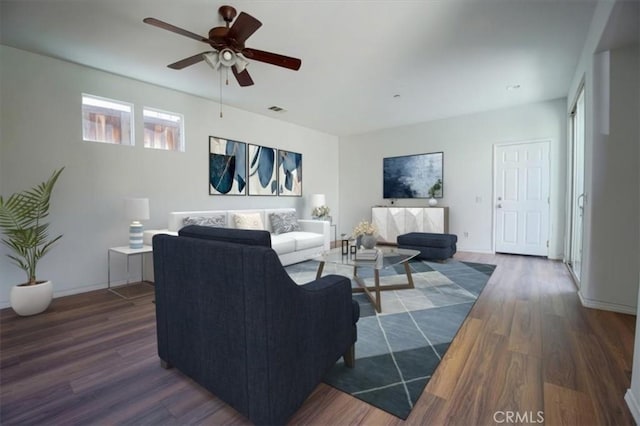 living room with ceiling fan and dark hardwood / wood-style flooring