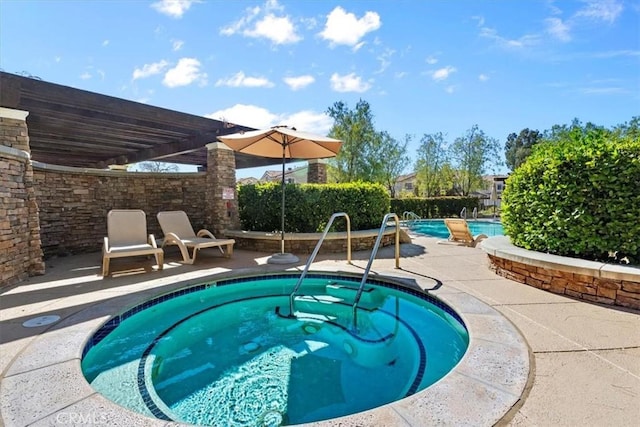 view of pool featuring a patio area, a hot tub, and a pergola