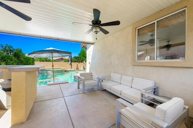 view of patio featuring a fenced in pool and an outdoor hangout area