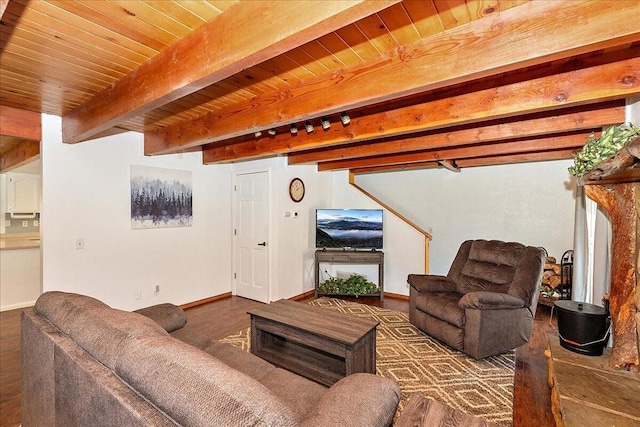 living room featuring wood ceiling and beamed ceiling