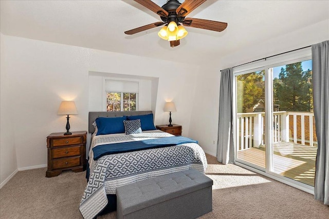 bedroom featuring ceiling fan, access to outside, and carpet flooring