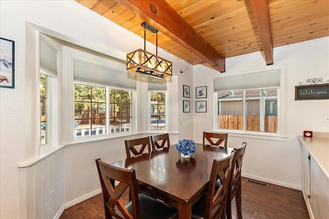 dining space featuring wooden ceiling, dark hardwood / wood-style floors, beam ceiling, and a chandelier