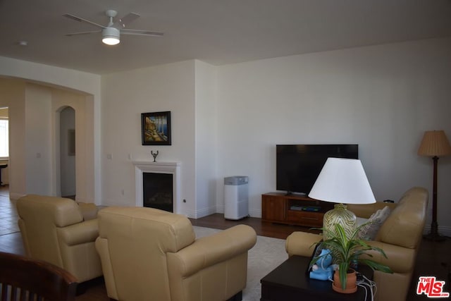 living room with ceiling fan and hardwood / wood-style floors