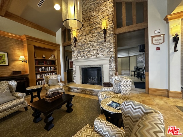 tiled living room with a fireplace and built in shelves