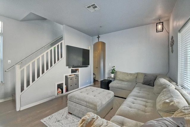 living room with wood-type flooring and a healthy amount of sunlight