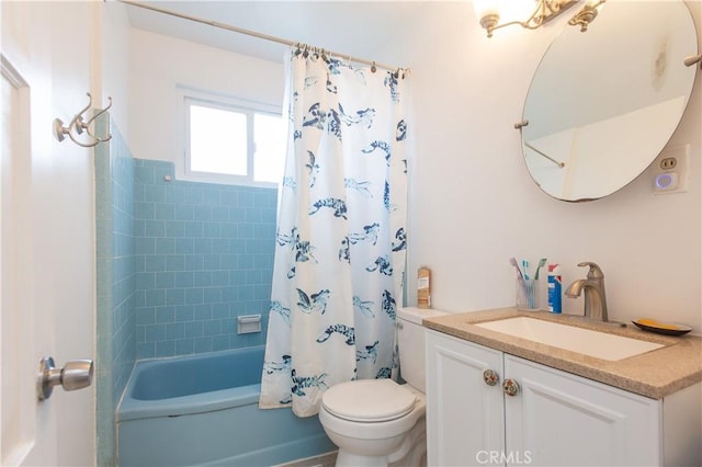 full bathroom featuring toilet, vanity, and shower / tub combo with curtain