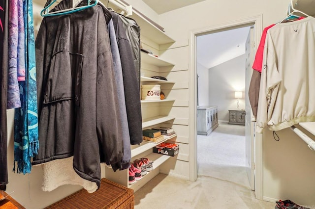 spacious closet featuring light colored carpet