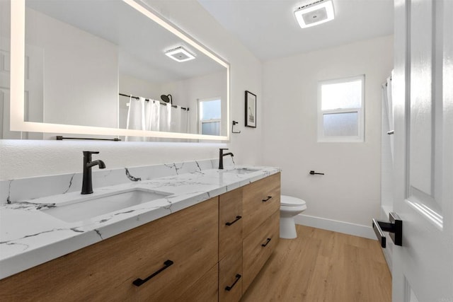 bathroom with toilet, vanity, wood-type flooring, and curtained shower