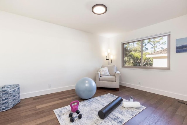 workout room featuring dark wood-type flooring