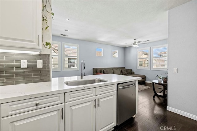 kitchen with white cabinets, dishwasher, a healthy amount of sunlight, tasteful backsplash, and sink