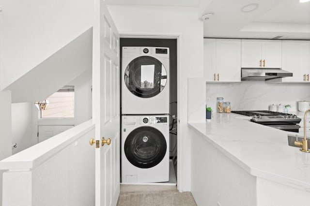 laundry room with light colored carpet and stacked washer and clothes dryer