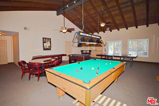 game room with carpet, beamed ceiling, high vaulted ceiling, pool table, and wooden ceiling