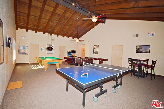 recreation room with high vaulted ceiling, billiards, beamed ceiling, and wooden ceiling