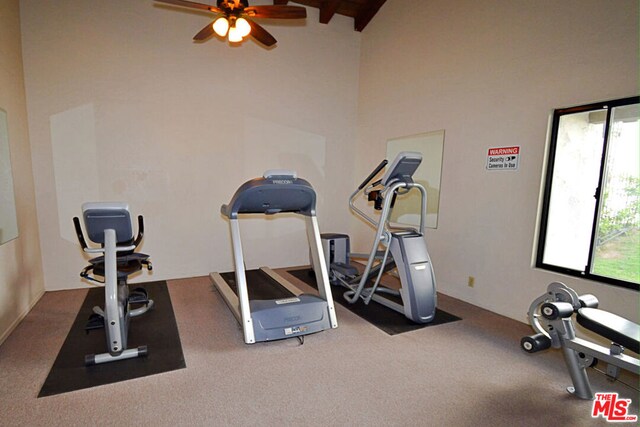 exercise area with ceiling fan, high vaulted ceiling, and dark colored carpet