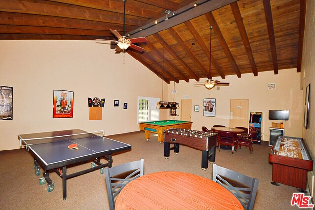 recreation room with beamed ceiling, rail lighting, billiards, high vaulted ceiling, and wooden ceiling