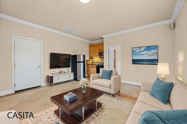 living room with ornamental molding