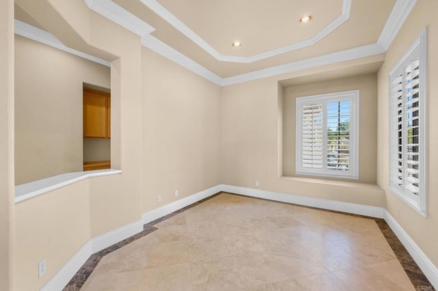 spare room featuring ornamental molding and a tray ceiling