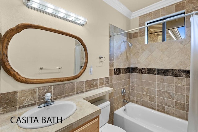 full bathroom featuring toilet, vanity, shower / tub combo, decorative backsplash, and ornamental molding