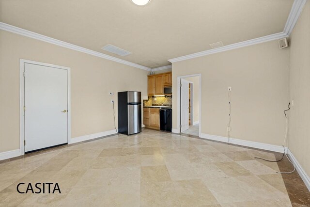 unfurnished living room featuring ornamental molding