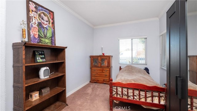 carpeted bedroom with ornamental molding