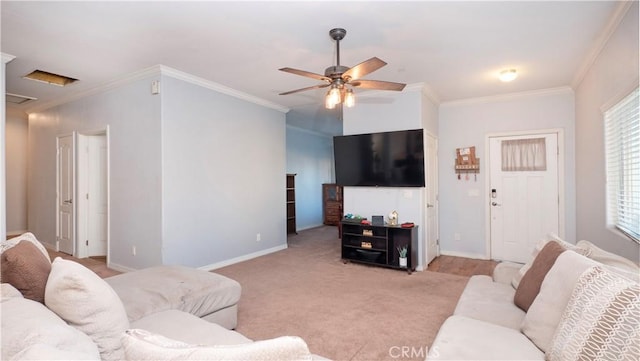 living room featuring ceiling fan, light carpet, and crown molding