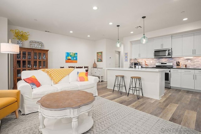 living room with light wood-type flooring and sink