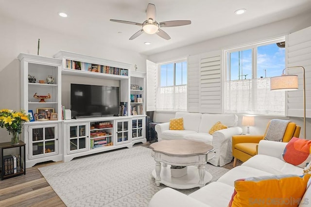 living room with ceiling fan and hardwood / wood-style floors