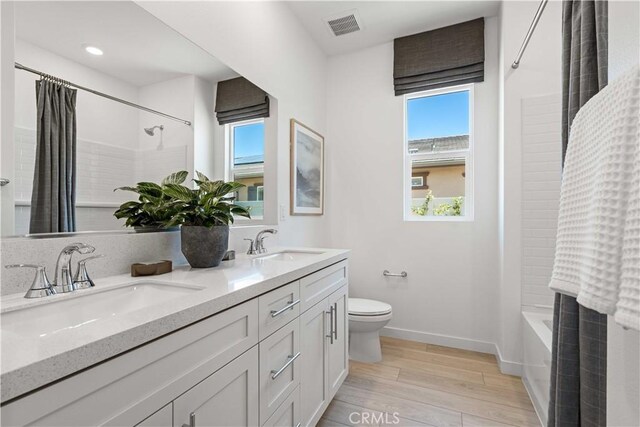 full bathroom featuring toilet, vanity, plenty of natural light, and shower / bath combo