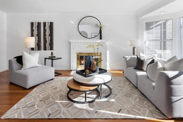 living room featuring hardwood / wood-style flooring and ornamental molding