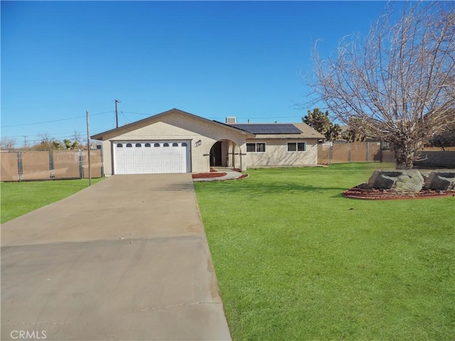 single story home featuring a front yard, a garage, and solar panels