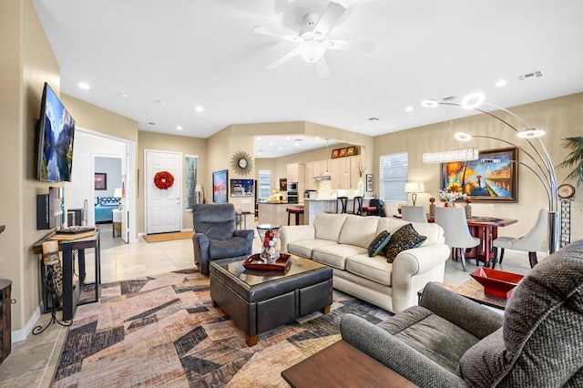 living room with ceiling fan