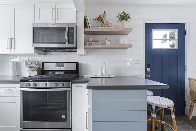 kitchen with backsplash, white cabinetry, stainless steel appliances, and a kitchen breakfast bar