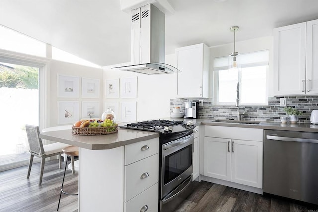 kitchen with stainless steel appliances, hanging light fixtures, wall chimney exhaust hood, white cabinets, and sink