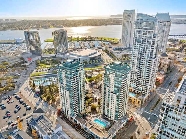 birds eye view of property featuring a water view