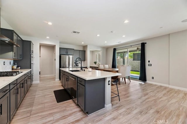 kitchen featuring a breakfast bar, decorative backsplash, sink, an island with sink, and stainless steel appliances