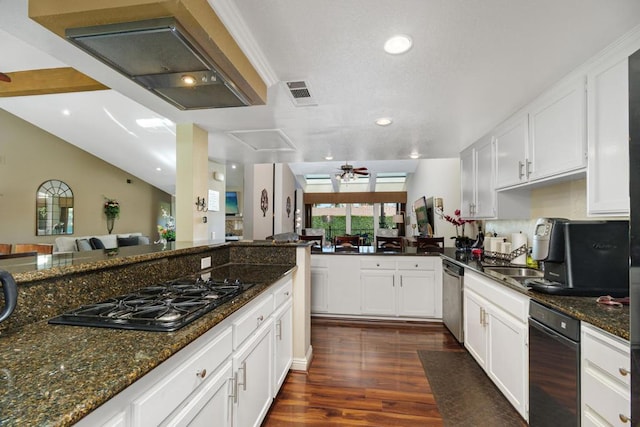 kitchen with dark hardwood / wood-style flooring, dishwasher, white cabinets, and black gas stovetop