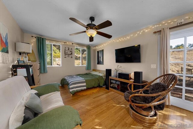 bedroom featuring ceiling fan and wood-type flooring